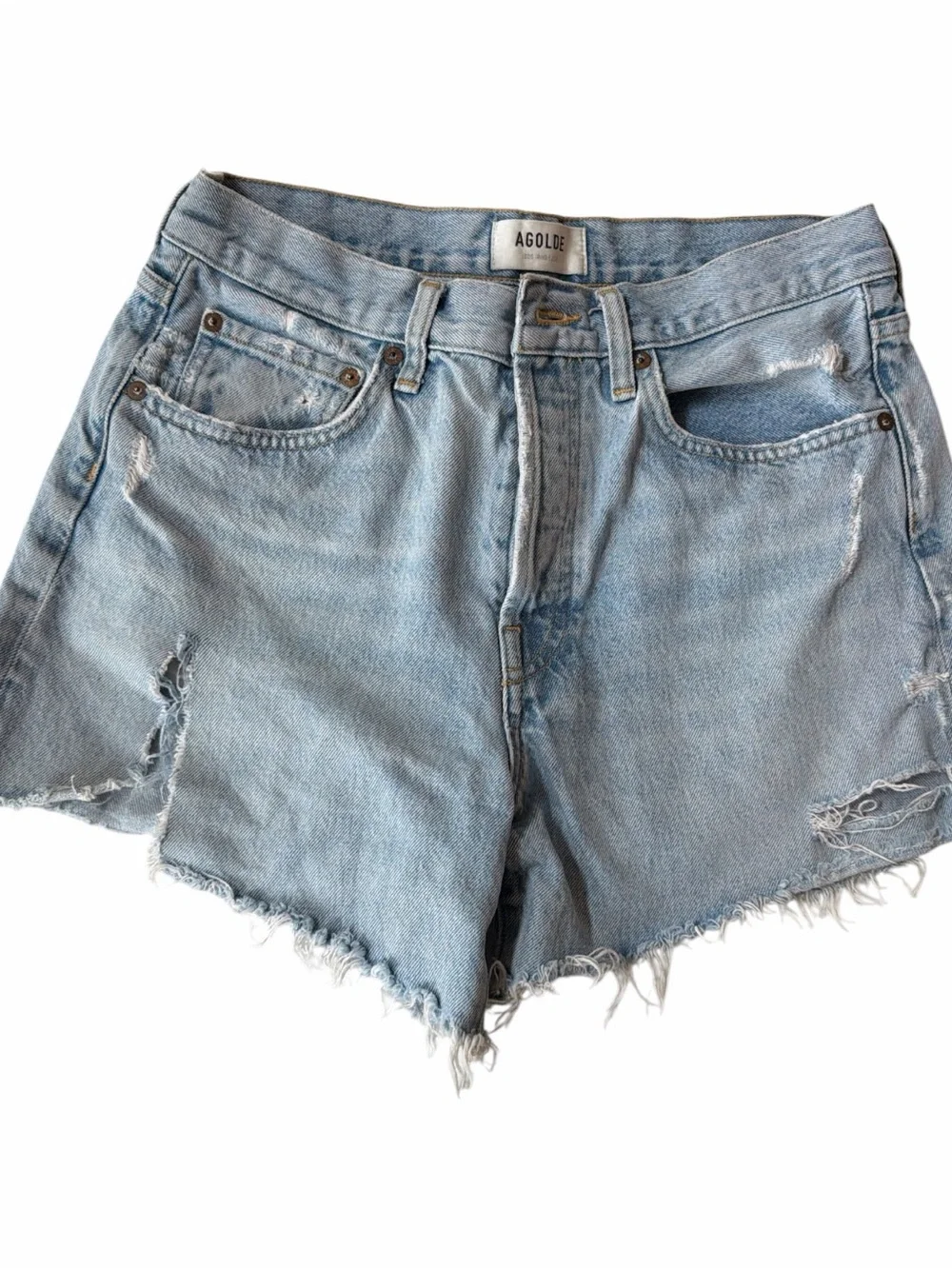 Agolde Light Blue Distressed High-Rise Denim Shorts